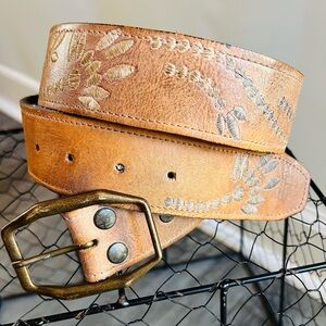 Bed Stu Leather Belt Embroidered Western Boho Rustic Tan Brass Buckle M Western